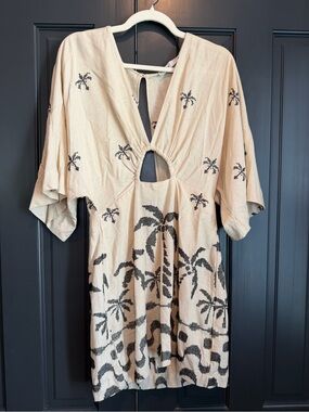 Beige Linen Embroidered Short Dress by Dress To